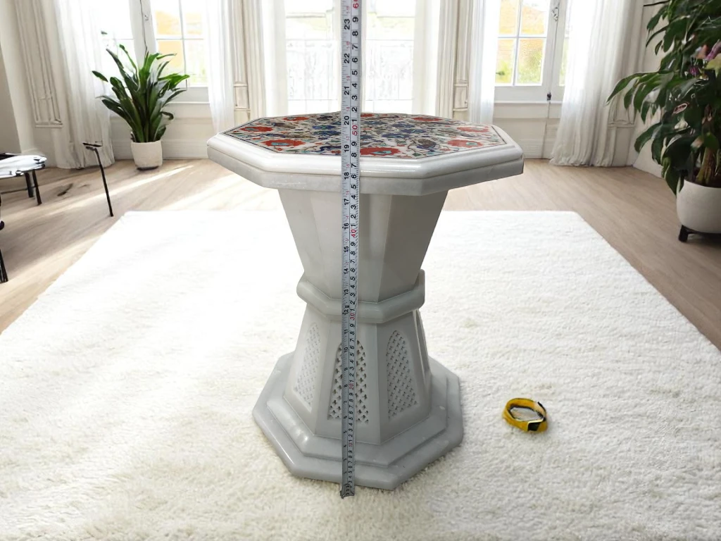 Round Marble Inlay Corner Table Handicraft Gemstone